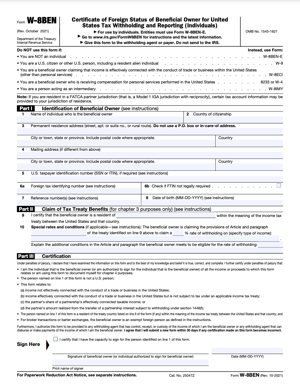 how to fill out a w 8ben e form us